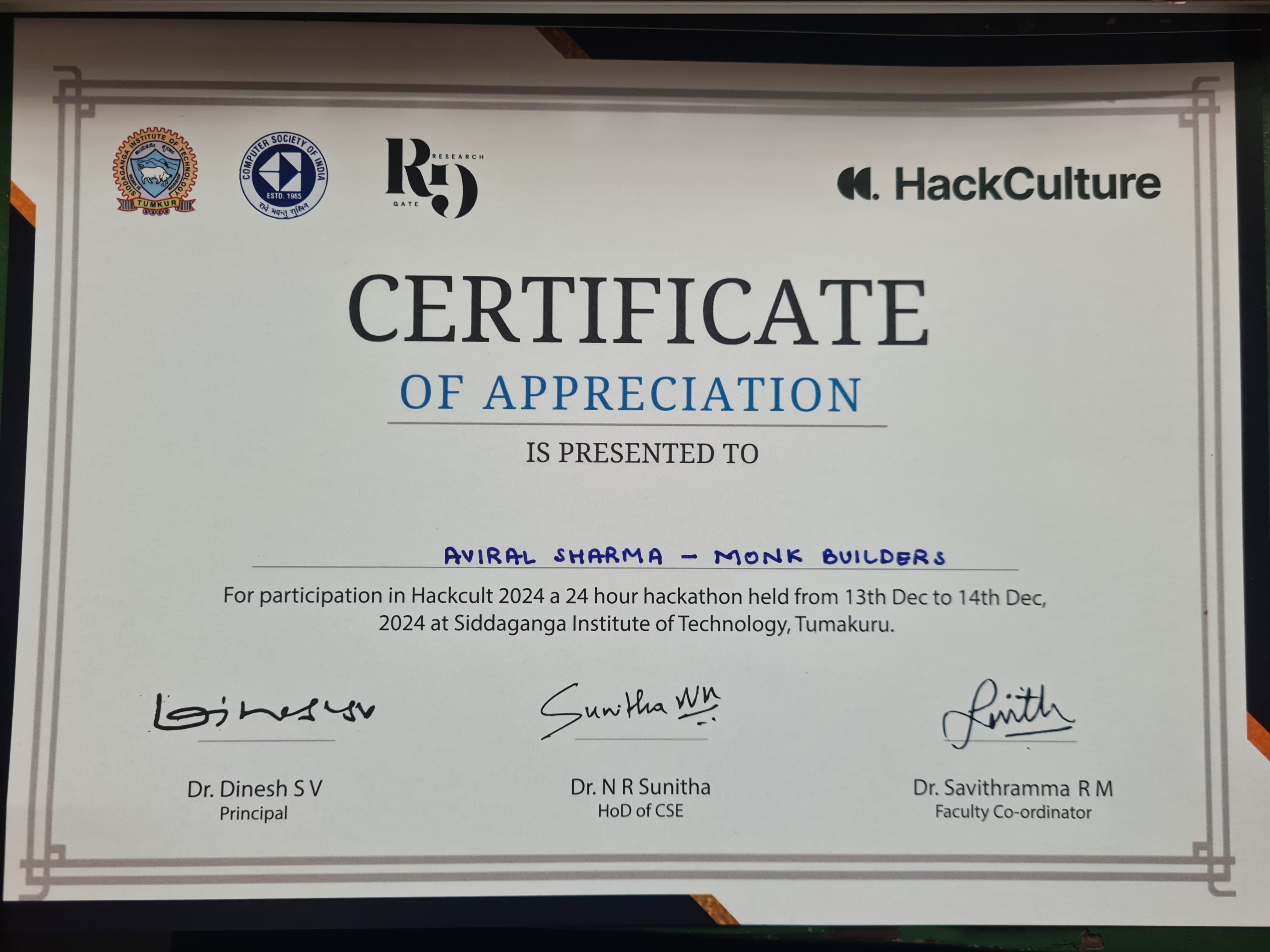 Certificate of Participation in Hackathon-HackCulture